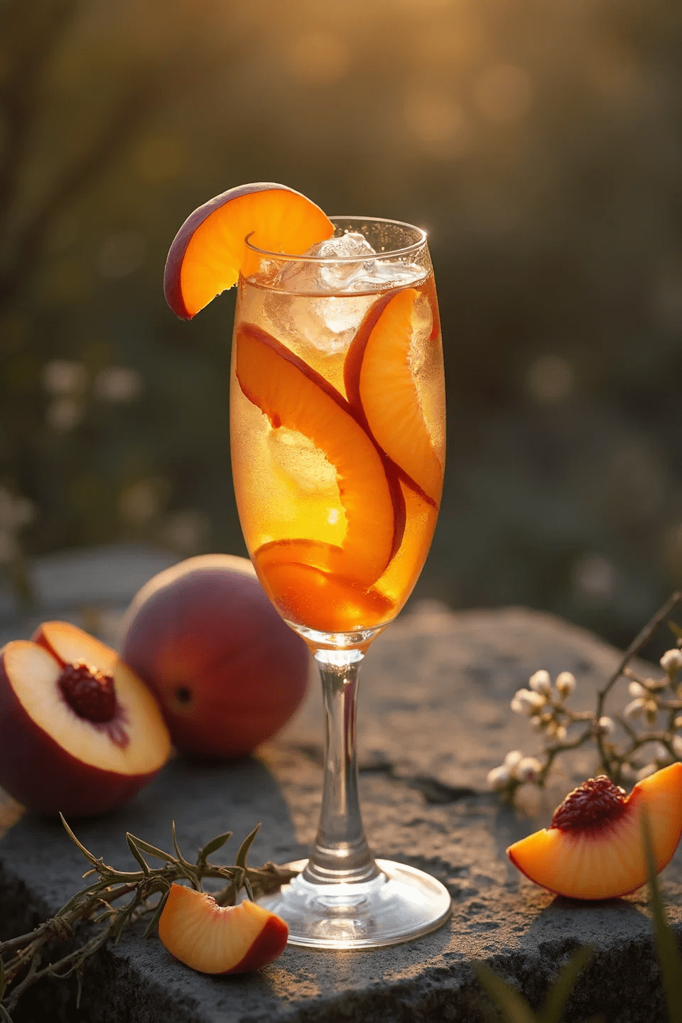 Nahaufnahme Gurktaler Sanddorn Alpen-Aperitif mit Pfirsich und Eiswürfel