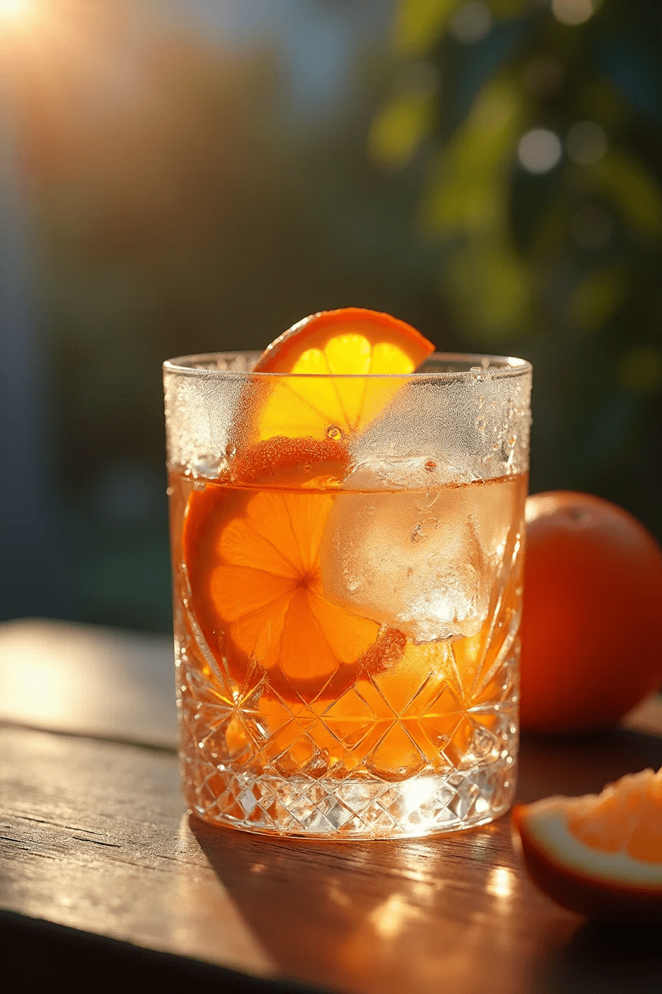 Nahaufnahme Gurktaler Sanddorn Alpen-Aperitif mit Orange und Eiswürfel